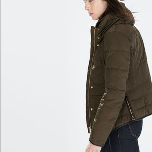 zara green puffer zipper fur collar